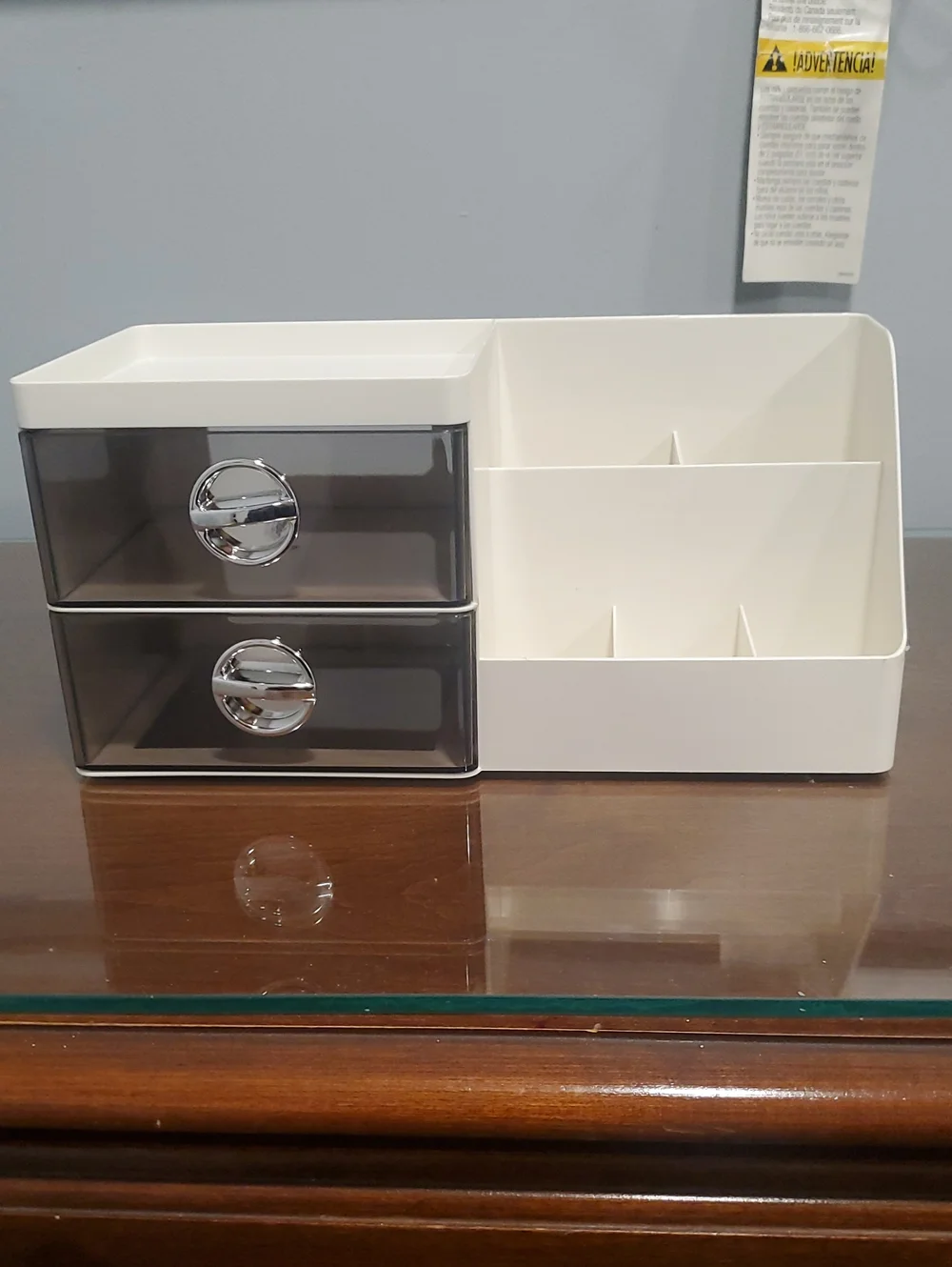 White Makeup Organizer with Smoke Drawers and Divided Compartments